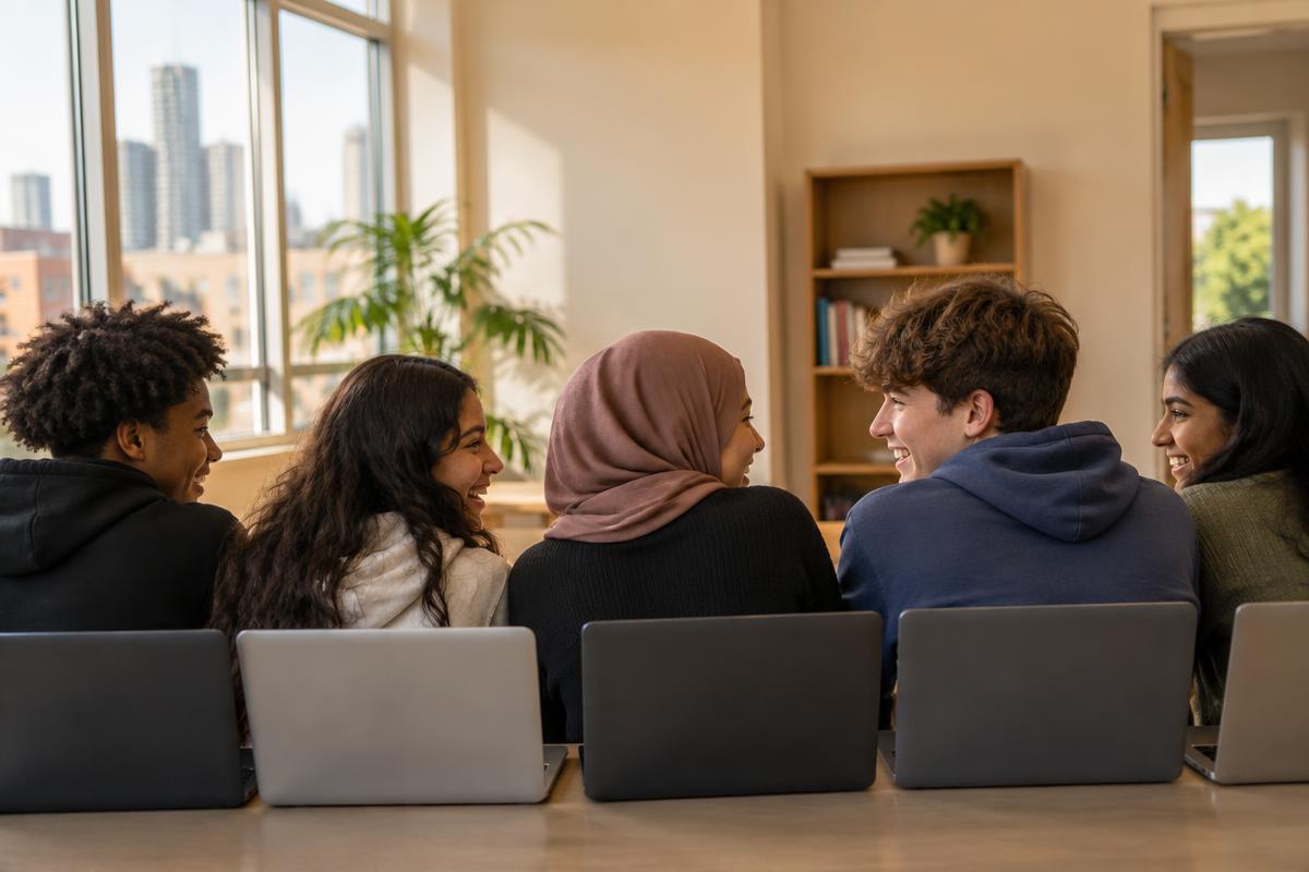 Group of teens sitting together with laptops, talking and smiling.